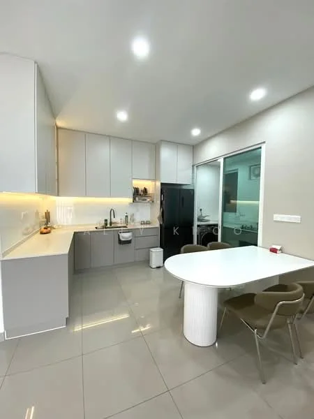 Kitchen features: white cabinetry with flat-panel doors, grey countertops, single-bowl stainless-steel sink, chrome pull-down faucet, built-in oven, freestanding black fridge, ceramic tile flooring, recessed LED downlights, large window with glass sliding door, round dining table, upholstered dining chairs; style: modern.