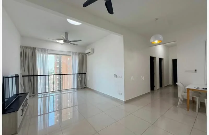 Living features: white painted walls, glossy tile flooring, 2 ceiling fans, large windows with city view, curtains, wall-mounted TV, TV console, dining table with chairs, recessed lighting, air conditioning unit; style: modern; view: city. Room features: white painted walls, glossy tile flooring, doorway leading to hallway, doorway leading to bedroom.