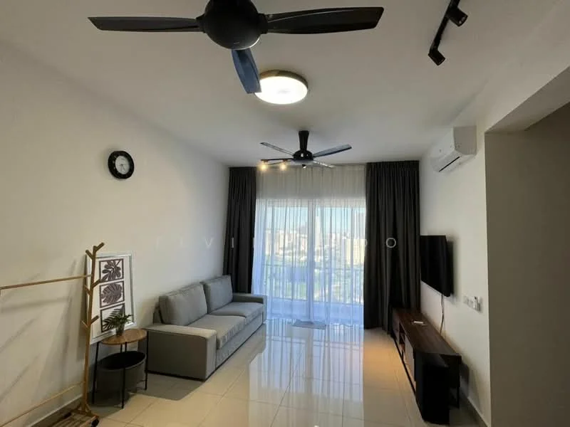 Living features: 3-seater fabric sofa in grey, wall-mounted TV, TV console in wood, floor-to-ceiling windows, sheer curtains, blackout curtains, 2 ceiling fans, recessed LED downlights, white painted walls, glossy tile flooring, decorative wall clock, decorative plant in pot, open shelving unit; style: modern; view: city.
