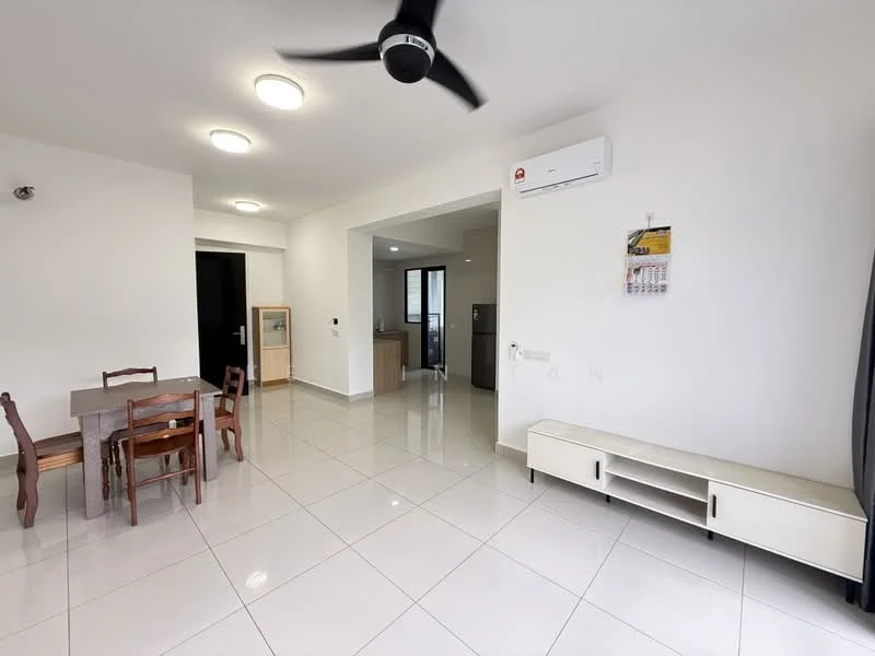 Living features: white painted walls, glossy ceramic tile flooring, 5-blade ceiling fan with light, recessed downlights, wall-mounted air conditioning unit, dining table with four wooden chairs, TV console with storage, large window with curtain, open layout to kitchen, calendar on wall; style: modern. Kitchen features: white cabinetry, stainless-steel refrigerator, countertop with sink, open layout to living area; style: modern.