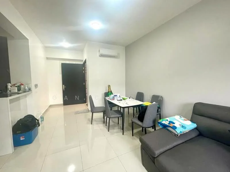 Living features: grey fabric sectional sofa, 4-seater dining table, grey upholstered dining chairs, white walls, glossy tile flooring, wall-mounted split AC, recessed ceiling lights, black main door, open layout, decorative items on table; style: modern.