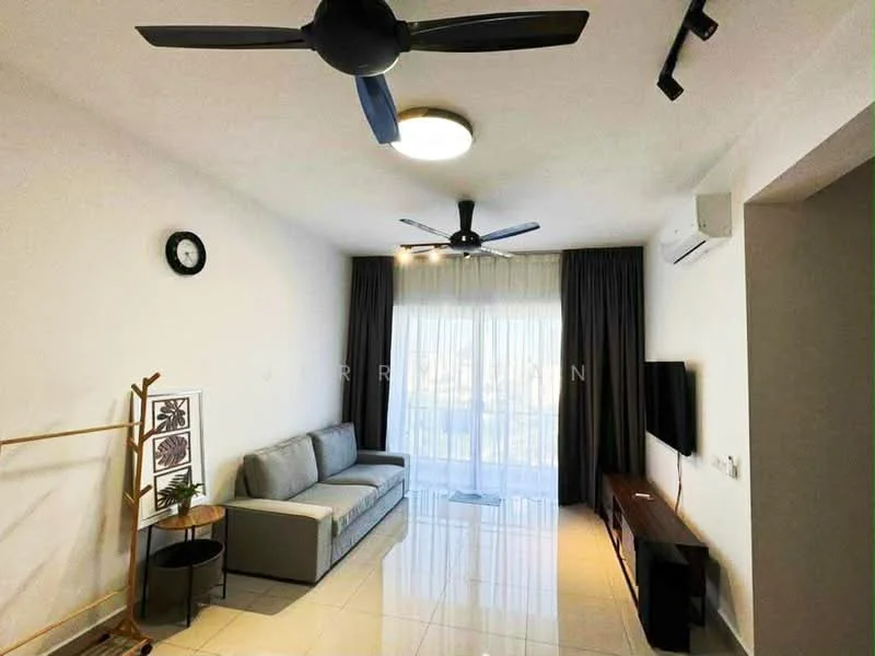 Living features: grey fabric sofa, wall-mounted TV, wooden TV console, white walls, recessed ceiling lights, 2-blade ceiling fans, floor-to-ceiling windows with sheer curtains, glossy tile flooring, decorative wall clock, indoor plant in pot, framed artwork on stand; style: modern; view: city.