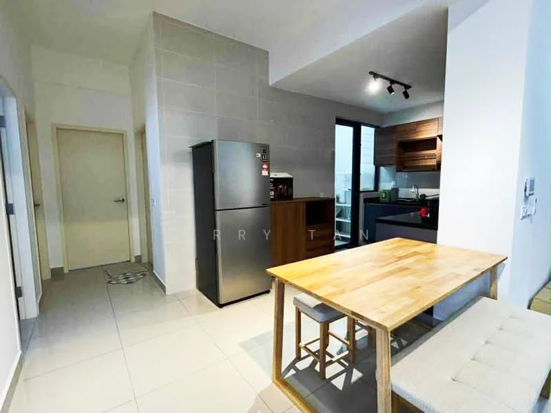 Kitchen features: stainless-steel fridge, wood dining table, white dining chairs, grey tiled walls, white tiled flooring, black countertop, wood cabinetry, sink, window with city view, track lighting, open layout; style: modern; view: city. Room features: plain white walls, door, light switch.