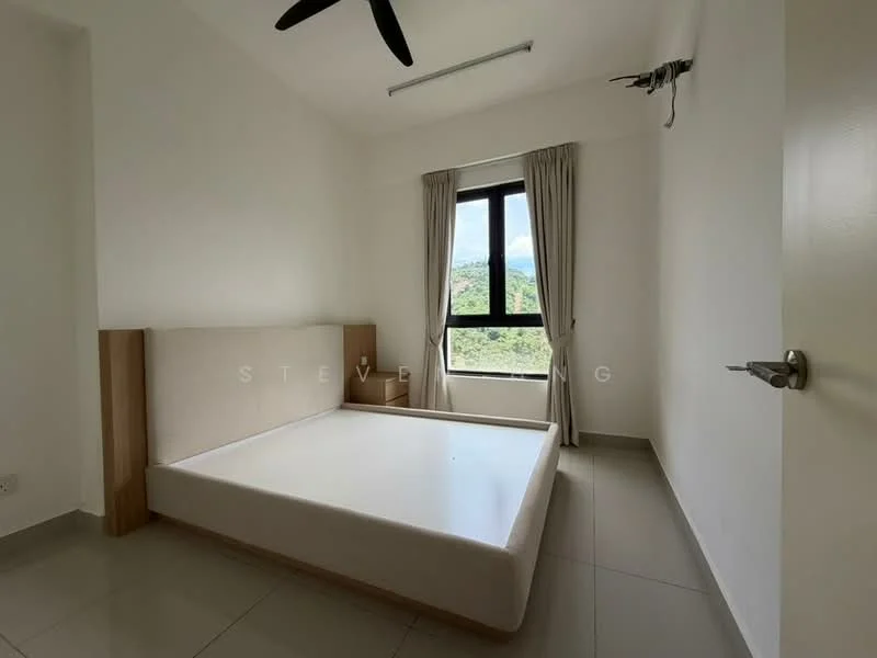 Bedroom features: white painted walls, tile flooring, floor-to-ceiling window, curtains, ceiling fan, unfurnished bed frame, mountain view; style: modern; view: mountain.