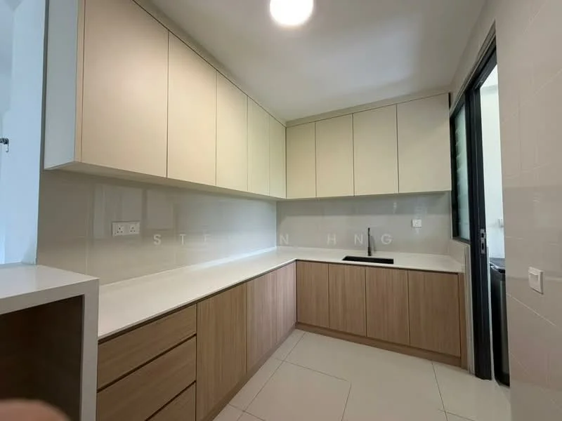 Kitchen features: light beige cabinetry, wooden lower cabinets, white quartz countertop, built-in sink, stainless-steel faucet, white tiled backsplash, recessed ceiling lights, floor-to-ceiling cabinets, open shelving, ceramic tile flooring; style: modern.