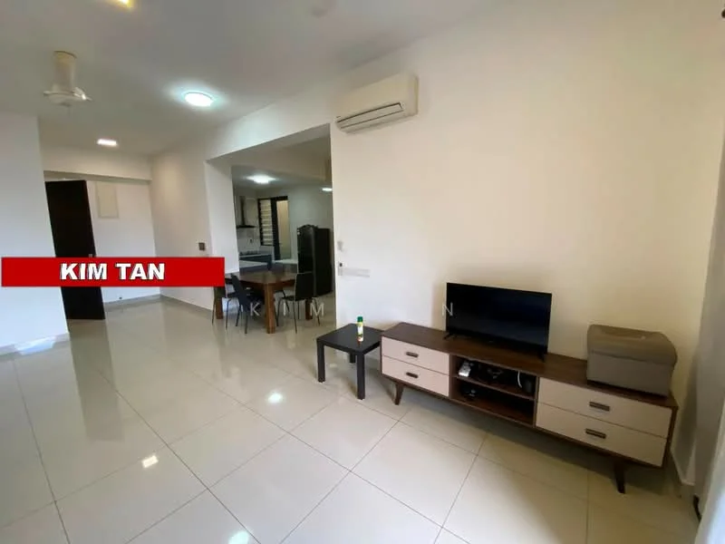 Living features: white painted walls, glossy ceramic tile flooring, ceiling fan, wall-mounted air conditioning unit, TV console with storage, flat-screen TV, small side table, light fixture in ceiling; style: modern.