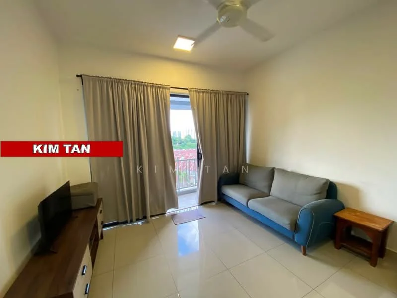 Living features: grey fabric sofa, wooden side table, floor-to-ceiling windows, sheer curtains, white painted walls, ceramic tile flooring, ceiling fan, TV console, television; style: modern; view: city.