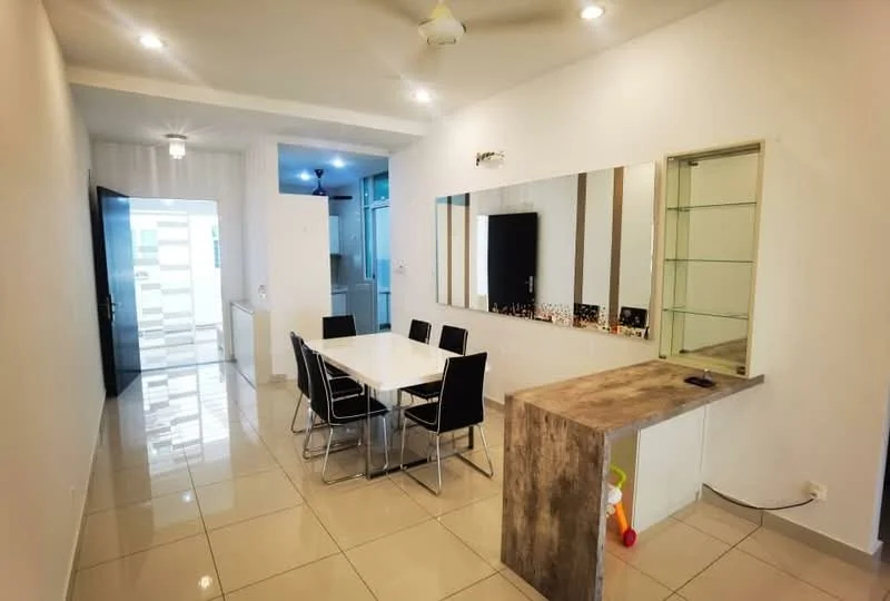 Dining features: white painted walls, glossy tile flooring, 5-blade ceiling fan with light, dining table for 6 with white tabletop, black upholstered dining chairs, wooden bar counter, mirror wall, recessed downlights; style: modern. Room features: white painted walls, glossy tile flooring, open layout, doorway leading to another room.