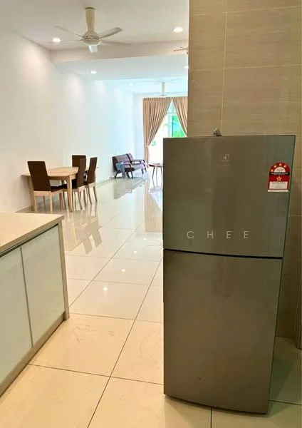 Living features: white painted walls, glossy tile flooring, ceiling fan, dining table with chairs, sofa, curtains, large windows, refrigerator; style: modern.
