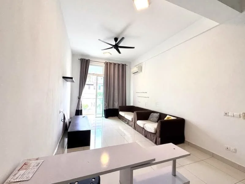 Living features: white painted walls, glossy tile flooring, 5-blade ceiling fan with light, sofa in dark brown fabric, sofa in light beige fabric, floor-to-ceiling windows, sheer curtains, wall-mounted air conditioning unit, TV console in black, decorative wall art, area rug; style: modern; view: garden.