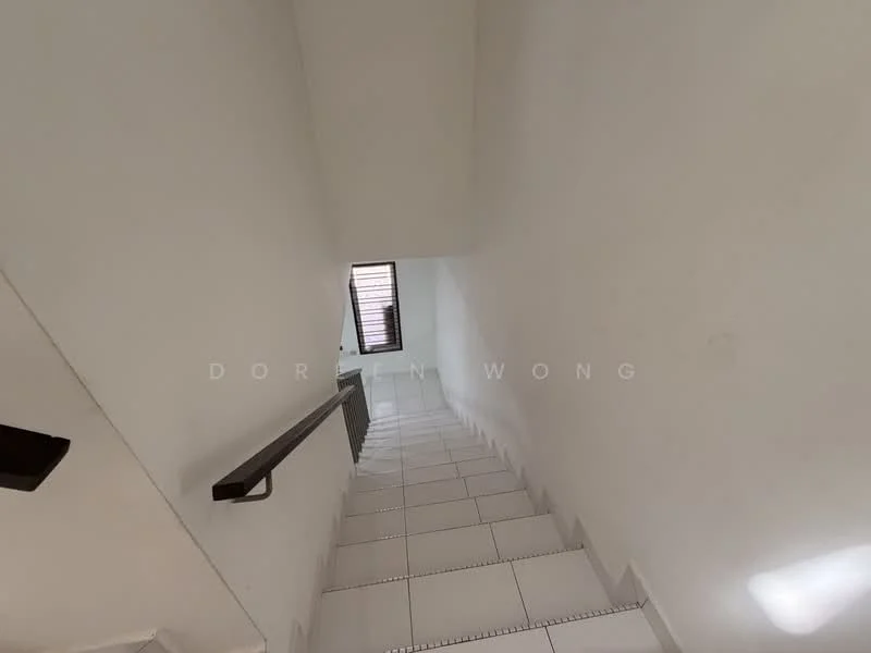Room features: white painted walls, white tiled flooring, handrail on staircase, natural light from window, staircase leading down.