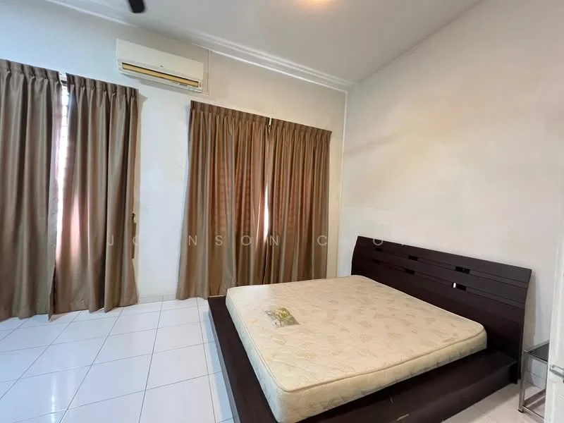 Bedroom features: white painted walls, white tiled flooring, queen-size bed base, brown curtains, wall-mounted split AC, ceiling fan, bedside table, decorative wall mirror; style: modern.
