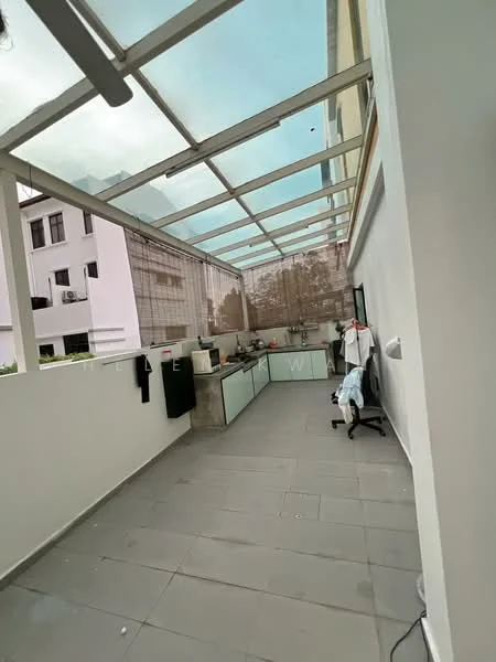 Room features: glass roof, grey tiled flooring, white painted walls, kitchen cabinetry, countertop, sink, kitchen appliances, outdoor seating area, open layout, natural light from roof, wall-mounted electrical outlets, decorative wall paneling; style: modern; view: garden.