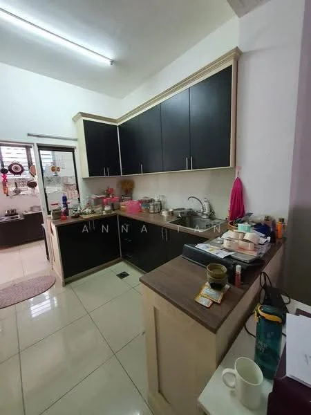 Kitchen features: black cabinetry, white countertop, stainless-steel sink, chrome faucet, ceramic tile flooring, recessed lighting, window with sheer curtains, kitchen appliances visible, countertop clutter, open shelving, wall-mounted storage, round rug; style: modern.