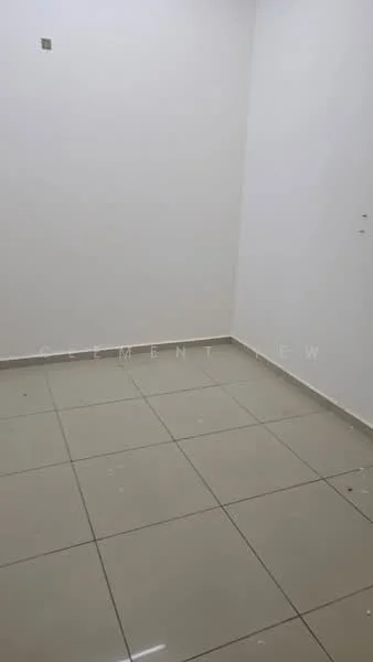 Room features: white painted walls, glossy ceramic tile flooring, neutral color scheme, no visible windows, no visible doors, minimal decor, empty space; style: minimalist.