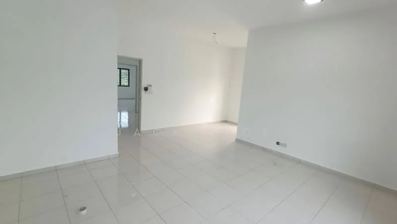 Room features: white painted walls, tile flooring, recessed downlights, window with grille, open layout, neutral color scheme, no visible furniture, single ceiling light fixture; style: modern.