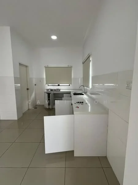 Kitchen features: white cabinetry, white countertop, stainless-steel sink, chrome pull-down faucet, built-in oven, 4-burner gas hob, tile backsplash, ceramic tile flooring, recessed downlights, window with roller blinds; style: modern.