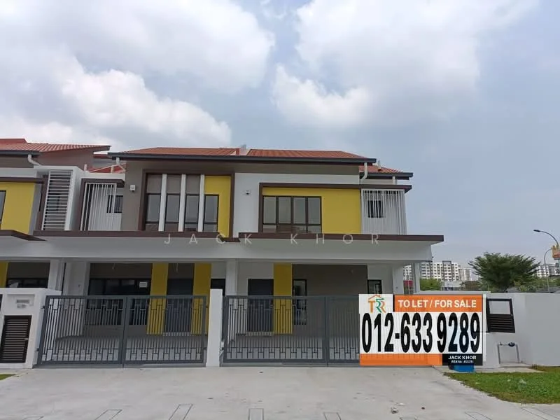 Exterior type: linked terrace house; features: yellow painted facade, white painted facade, red tiled roof, two-storey structure, front porch area, metal gate, fenced perimeter, landscaped front yard, driveway, balconies on upper floor, large windows, modern architectural design; style: modern.