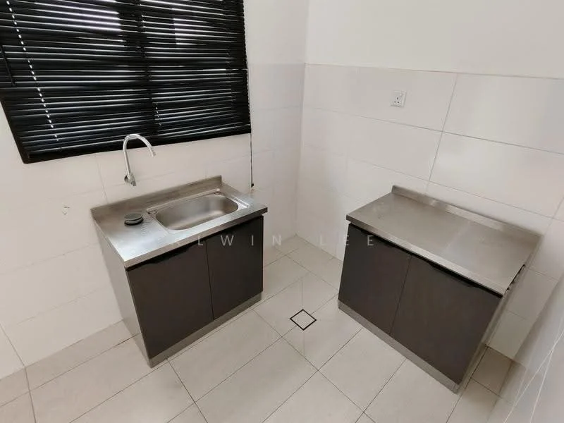 Laundry features: single-bowl stainless-steel sink, stainless-steel countertop, dark cabinetry, white tiled walls, light-colored floor tiles, black window blinds, corner layout; style: modern.