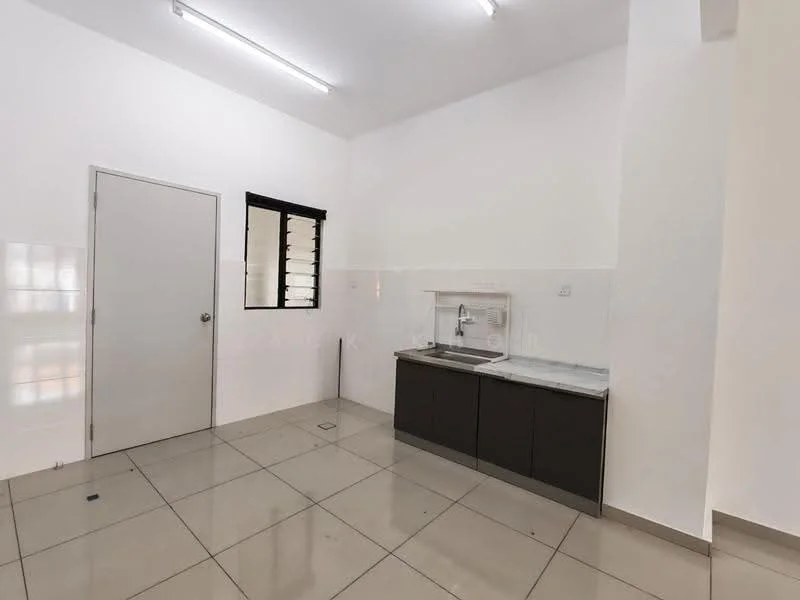 Kitchen features: white painted walls, grey cabinetry, stainless-steel sink, chrome pull-down faucet, white tiled backsplash, grey countertop, floor tiles, single window with metal grilles, LED ceiling lights; style: modern.