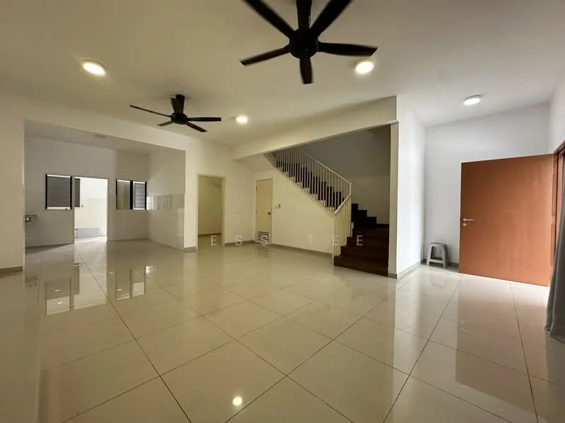 Living features: glossy tile flooring, white painted walls, 2 ceiling fans, recessed downlights, staircase leading to upper floor, large windows for natural light, open layout, neutral color scheme; style: modern. Kitchen features: glossy tile flooring, white painted walls, large windows for natural light, open layout to living area; style: modern.