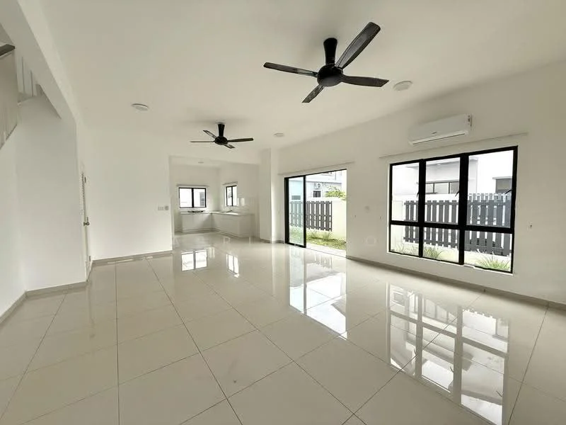 Living features: white painted walls, glossy ceramic tile flooring, 2 ceiling fans, floor-to-ceiling windows, sliding glass door, air conditioning unit, natural light, open layout; style: modern; view: garden. Kitchen features: white painted walls, glossy ceramic tile flooring, kitchen counter, window, open layout; style: modern; view: garden.