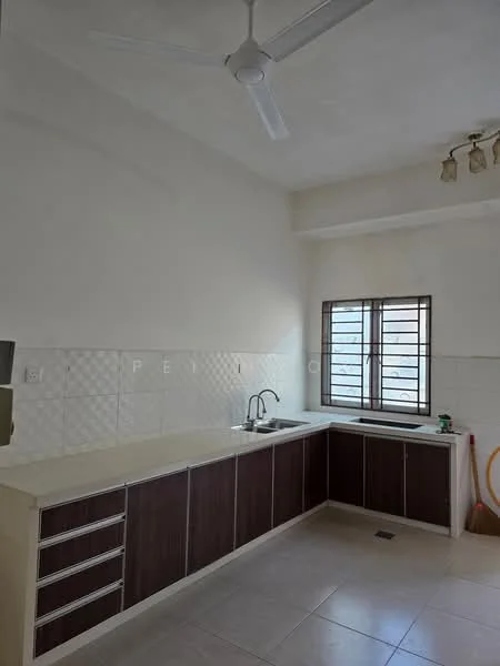 Kitchen features: L-shaped kitchen layout, white tiled backsplash, dark wood cabinetry, single-bowl stainless-steel sink, chrome pull-down faucet, countertop with light-colored surface, window with grid pattern, ceiling fan, recessed lighting, ceramic tile flooring; style: modern.