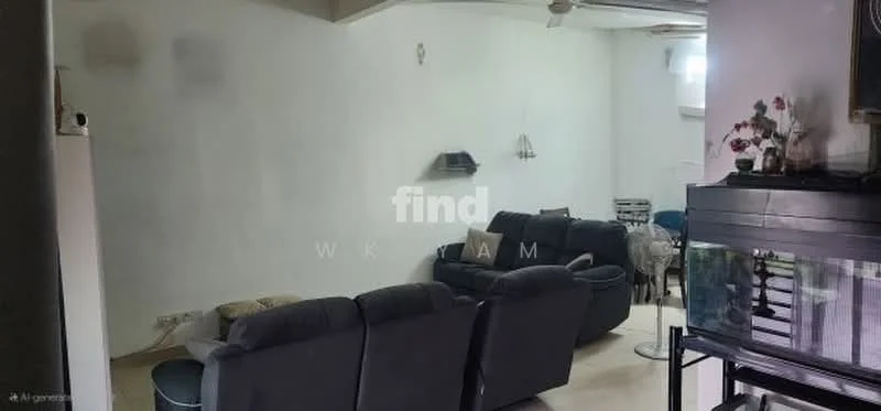 Living features: grey fabric sofa, 2-seater sofa, coffee table, wall-mounted TV, ceiling fan, light-colored walls, tile flooring, decorative wall shelf, dining table with chairs in background.