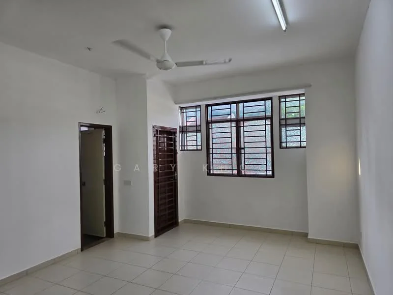 Room features: white painted walls, tile flooring, ceiling fan, large windows, window treatments, door to hallway, door to another room, light fixture.