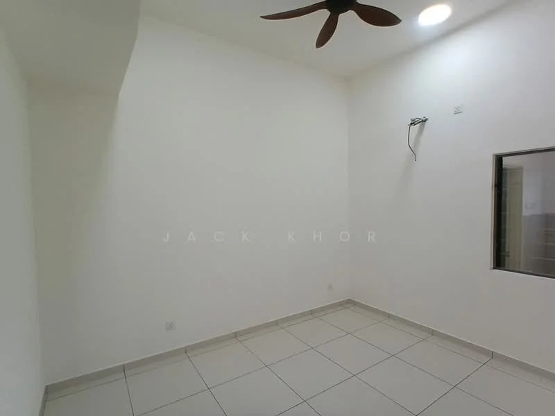 Room features: white painted walls, tile flooring, ceiling fan, window, light fixture.
