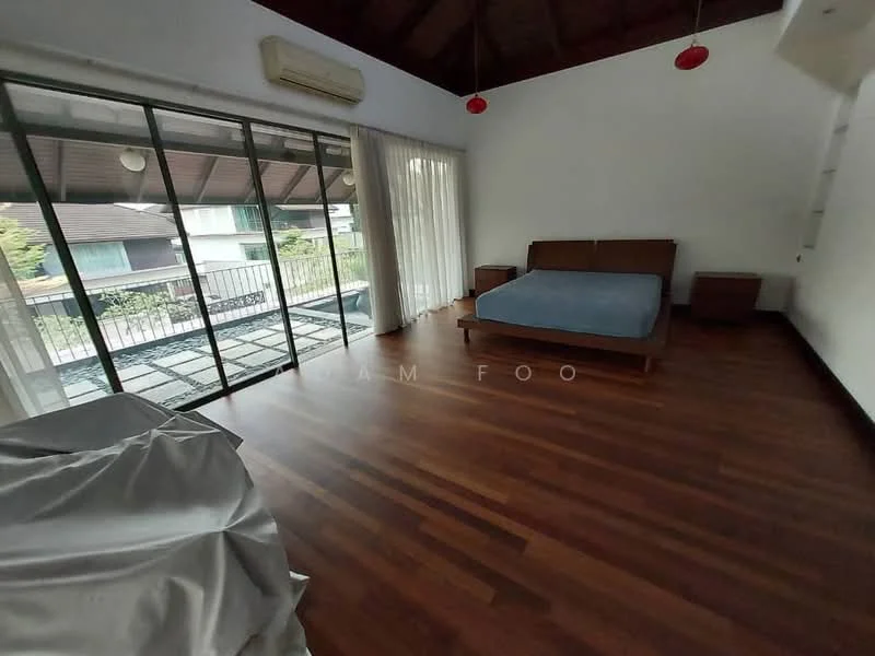 Bedroom features: wooden flooring, sliding glass door, floor-to-ceiling windows, white walls, exposed wooden beams, queen-size bed, two bedside tables, sheer curtains, air conditioning unit; style: modern; view: garden.