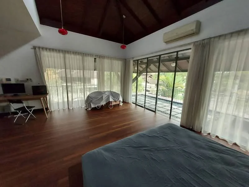 Bedroom features: wooden flooring, sloped ceiling with exposed beams, floor-to-ceiling windows, sheer curtains, air conditioning unit, king-size bed, study desk with chair, covered furniture, balcony access; style: modern; view: garden.