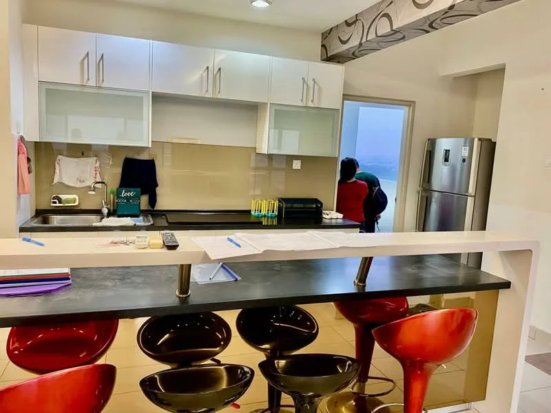 Kitchen features: white cabinetry with glass doors, black countertop, single-bowl stainless-steel sink, chrome pull-down faucet, built-in oven, stainless-steel fridge, open shelving, bar counter with red stools, tile flooring, wall-mounted light fixture, window with view, kitchen island; style: modern; view: city.