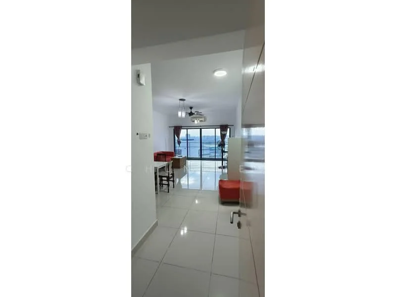 Room features: white painted walls, glossy tile flooring, recessed downlights, 5-blade ceiling fan, large sliding glass door, curtains, dining table with chairs, view of the sea; style: modern; view: sea.