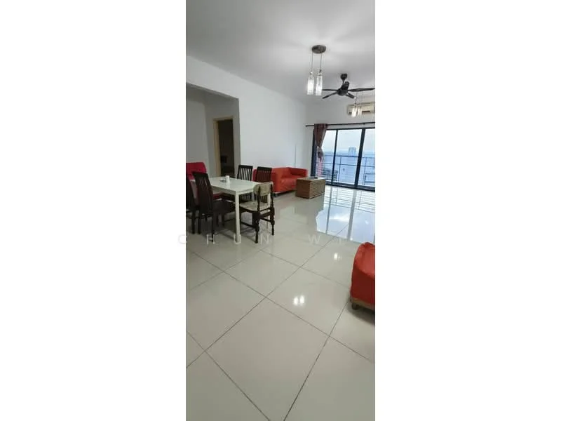 Living features: white painted walls, glossy ceramic tile flooring, 5-blade ceiling fan with light, sofa in orange, 2-seater sofa in orange, dining table with 4 chairs, large glass sliding door, curtains, decorative ceiling light, coffee table, view of city skyline; style: modern; view: city.