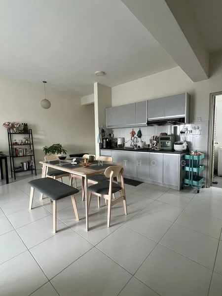 Kitchen features: grey cabinetry, stainless-steel appliances, single-bowl stainless-steel sink, chrome pull-down faucet, white tiled backsplash, ceramic tile flooring, open shelving, dining table with wooden legs, black upholstered dining chairs, pendant light, refrigerator, built-in oven, microwave, kettle; style: modern.