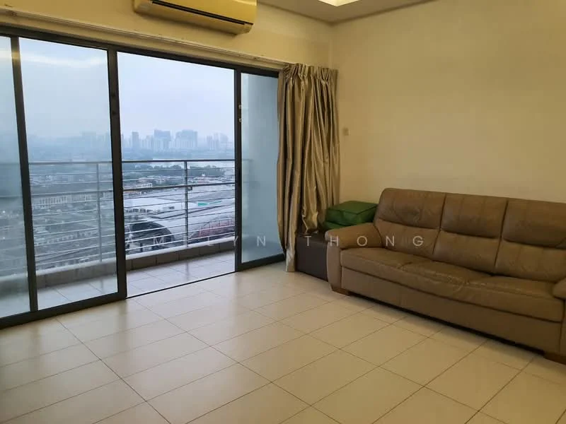 Living features: 3-seater leather sofa, floor-to-ceiling windows, sliding glass door, curtains, air conditioning unit, cream painted walls, tile flooring, view of city skyline; style: modern; view: city.