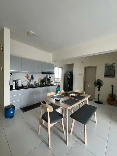 Kitchen features: grey cabinetry, stainless-steel sink, chrome pull-down faucet, built-in oven, freestanding range oven, microwave, refrigerator, 4-burner gas hob, tile backsplash, dining table with black cushions, 4 wooden dining chairs, ceiling light, wall-mounted fan, white walls, grey tile flooring; style: modern.