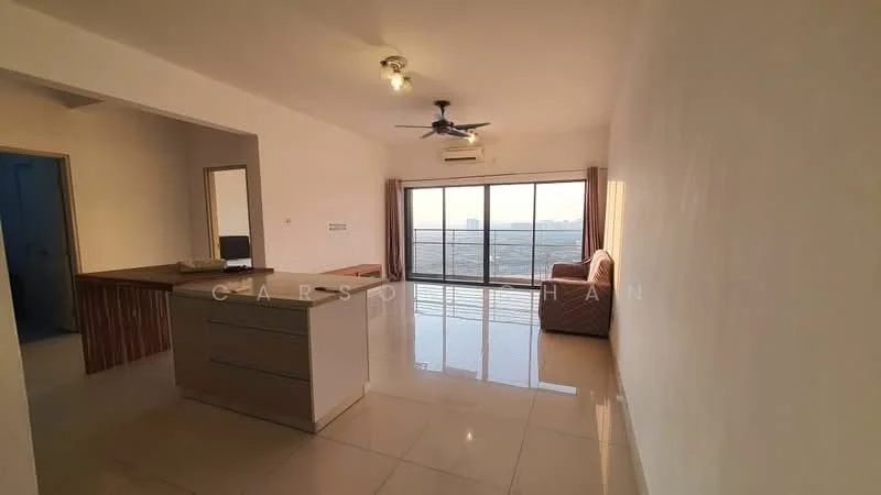 Living features: large floor-to-ceiling windows, sliding glass door, grey fabric sofa, ceiling fan, recessed downlights, cream painted walls, polished ceramic tile flooring, open-plan layout with kitchen, balcony view, air conditioning unit, decorative wall, natural light; style: modern; view: city. Kitchen features: kitchen island, stainless-steel sink, built-in cabinetry, countertop, open shelving, modern appliances; style: modern.