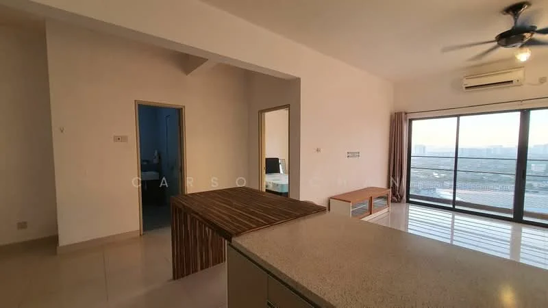 Room features: open-plan layout, large floor-to-ceiling windows, sliding glass door, light-colored walls, cream tiled flooring, ceiling fan, air conditioning unit, kitchen island with countertop, wooden cabinetry, view of city skyline; style: modern; view: city.