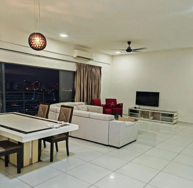 Living features: white painted walls, glossy white tile flooring, 5-blade ceiling fan with light, sofa in light grey fabric, coffee table, TV console with storage, wall-mounted TV, floor-to-ceiling windows, curtains in beige, decorative pendant light; style: modern; view: city. Dining features: 6-seater dining table, wooden dining chairs, table setting with plates and cutlery; style: modern; view: city.