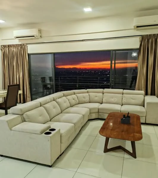 Living features: L-shape sectional sofa in beige, coffee table with wooden legs, floor-to-ceiling windows, curtains in beige, recessed LED downlights, 2 wall-mounted split AC units, white painted walls, tile flooring, city skyline view, decorative wall clock; style: modern; view: city.