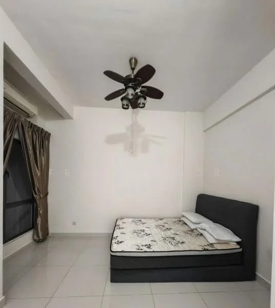 Bedroom features: queen-size bed, upholstered headboard, 5-blade ceiling fan with light, floor-to-ceiling window, sheer curtains, white painted walls, tile flooring, air conditioning unit; style: modern.
