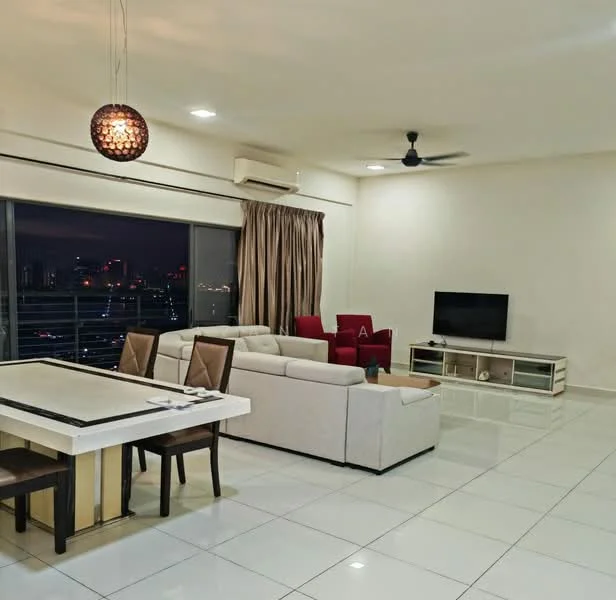 Living features: white painted walls, glossy white tile flooring, 5-blade ceiling fan with light, recessed downlights, sofa in light fabric, coffee table, TV console, wall-mounted TV, curtains, large window with city view, dining table with four chairs, decorative pendant light; style: modern; view: city.