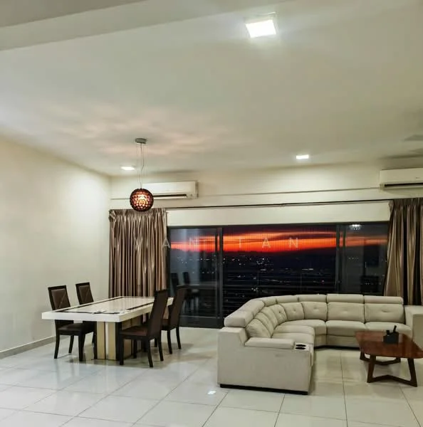 Living features: L-shape sectional sofa in light grey, coffee table in wood, 6-seater dining table with dark wood chairs, floor-to-ceiling windows, sheer curtains, recessed LED downlights, 2 wall-mounted split AC units, white painted walls, glossy tile flooring, decorative pendant light; style: modern; view: city.