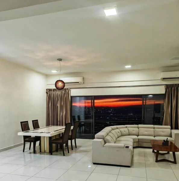Living features: cream painted walls, white ceiling, recessed downlights, 5-blade ceiling fan, floor-to-ceiling windows, sliding glass door, sheer curtains, light-colored sectional sofa, wood coffee table, dining table with four chairs, tile flooring; style: modern; view: city.