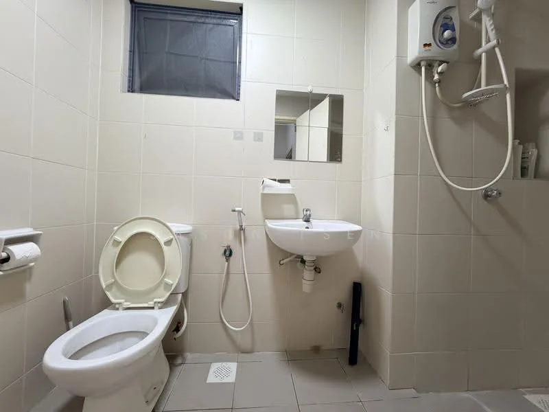 Bathroom features: white tiled walls, grey tiled flooring, one-piece toilet, wall-mounted basin, chrome basin mixer faucet, mirror above basin, shower area with handheld shower, water heater unit, window for natural light, towel rail; style: modern.