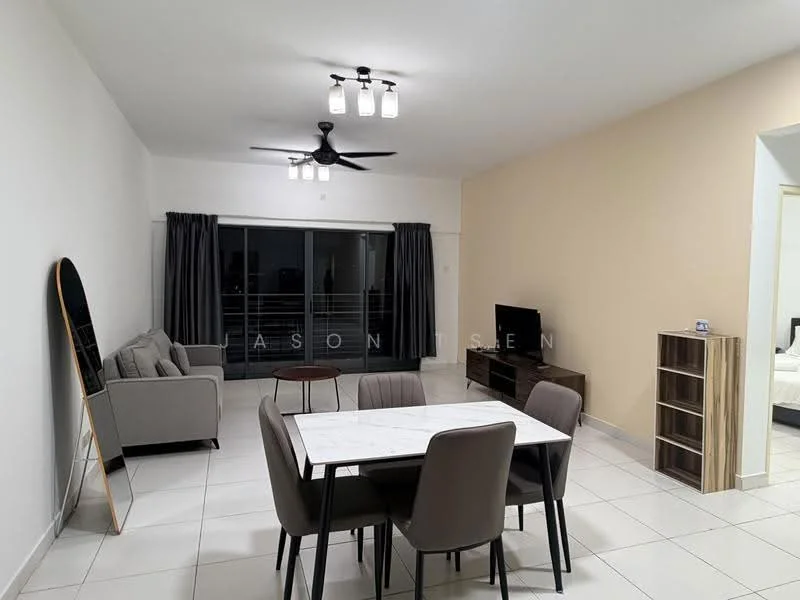 Living features: 3-seater fabric sofa in grey, round dining table, 4 upholstered dining chairs, wall-mounted TV, TV console, ceiling fan with light, floor-to-ceiling windows, sliding glass door, grey curtains, white painted walls, tile flooring, decorative wall shelf; style: modern; view: city.