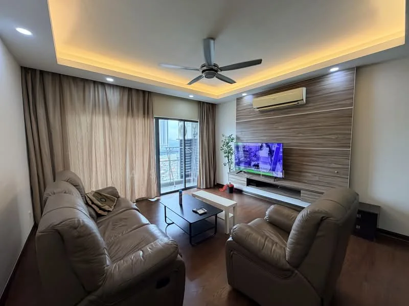 Living features: 3-seater leather sofa in light grey, 2-seater leather sofa in light grey, coffee table, wall-mounted TV, wood feature wall, recessed LED downlights, ceiling fan with light, floor-to-ceiling windows, curtains, wooden flooring, air conditioning unit; style: modern; view: city.