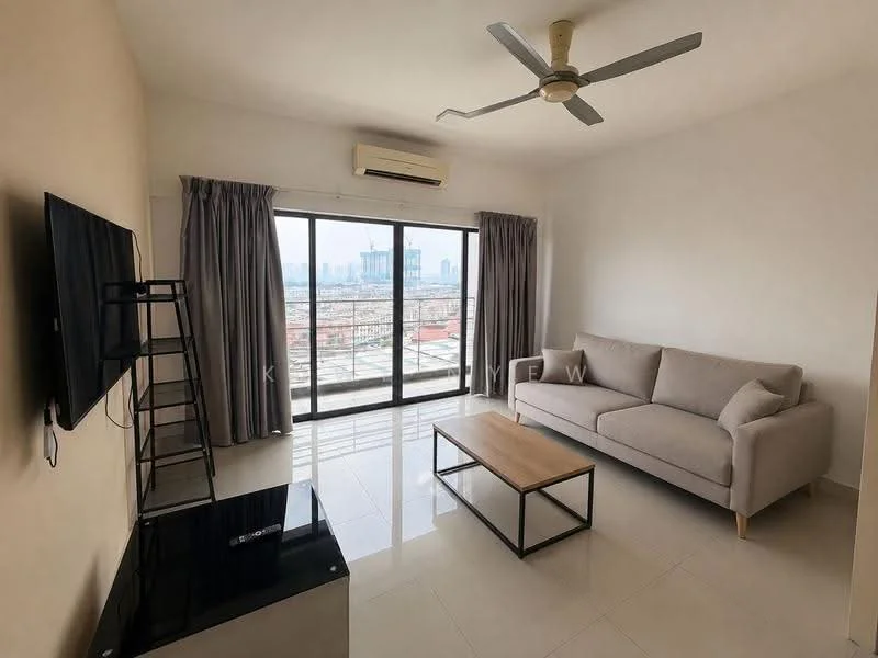 Living features: 3-seater fabric sofa in light grey, coffee table with black metal frame, wall-mounted TV, floor-to-ceiling windows, sheer curtains, 1 wall-mounted split AC, ceiling fan with light, glossy tile flooring, decorative wall with light beige paint, black TV console; style: modern; view: city.
